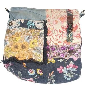 Le Fleur Blu Myra Shoulder Bag Canvas Floral Patchwork Leather Adj Strap